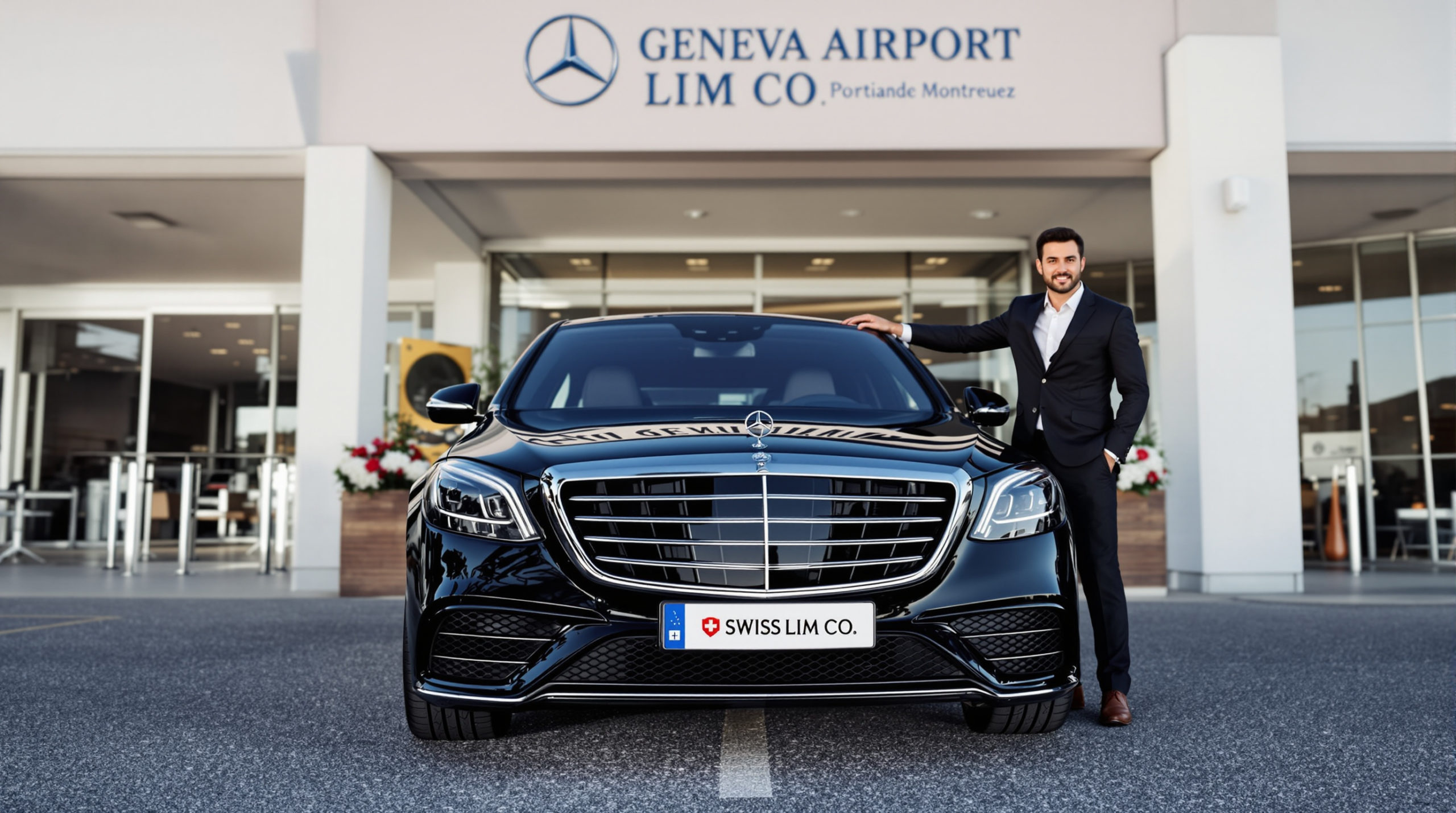 A premium black 2024 Mercedes S-Class is parked outside a Geneva airport terminal, showcasing the license plate 'SWISS LIM CO.' A well-dressed chauffeur stands beside the car, with a backdrop of a midnight blue sky. The scene conveys luxury