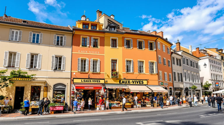 A vibrant street scene in Geneva's Eaux-Vives neighborhood, featuring charming local shops and bustling markets along picturesque streets. Daylight highlights the earthy tones and pastel façades of the architecture, while people engage in everyday life, capturing the unique spirit and