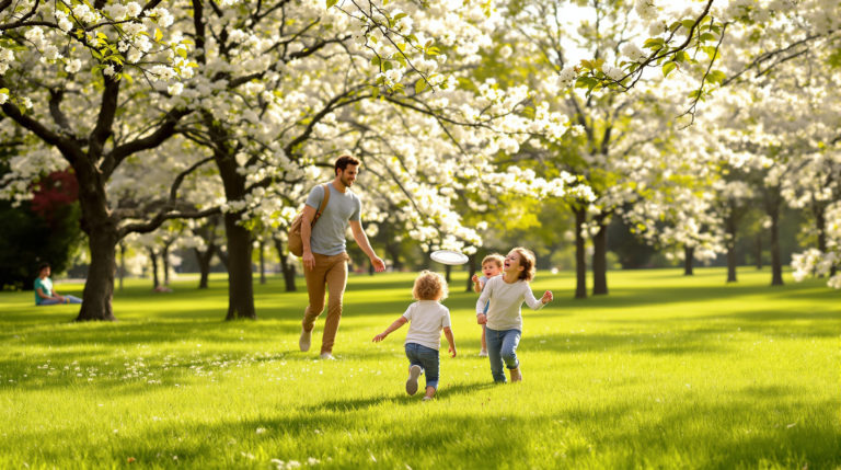 A happy family enjoys a sunny day at a park in Geneva, playing with a frisbee on lush green grass, surrounded by blooming trees and flowers. This image captures the joy of family outings in Geneva, suitable for all ages.