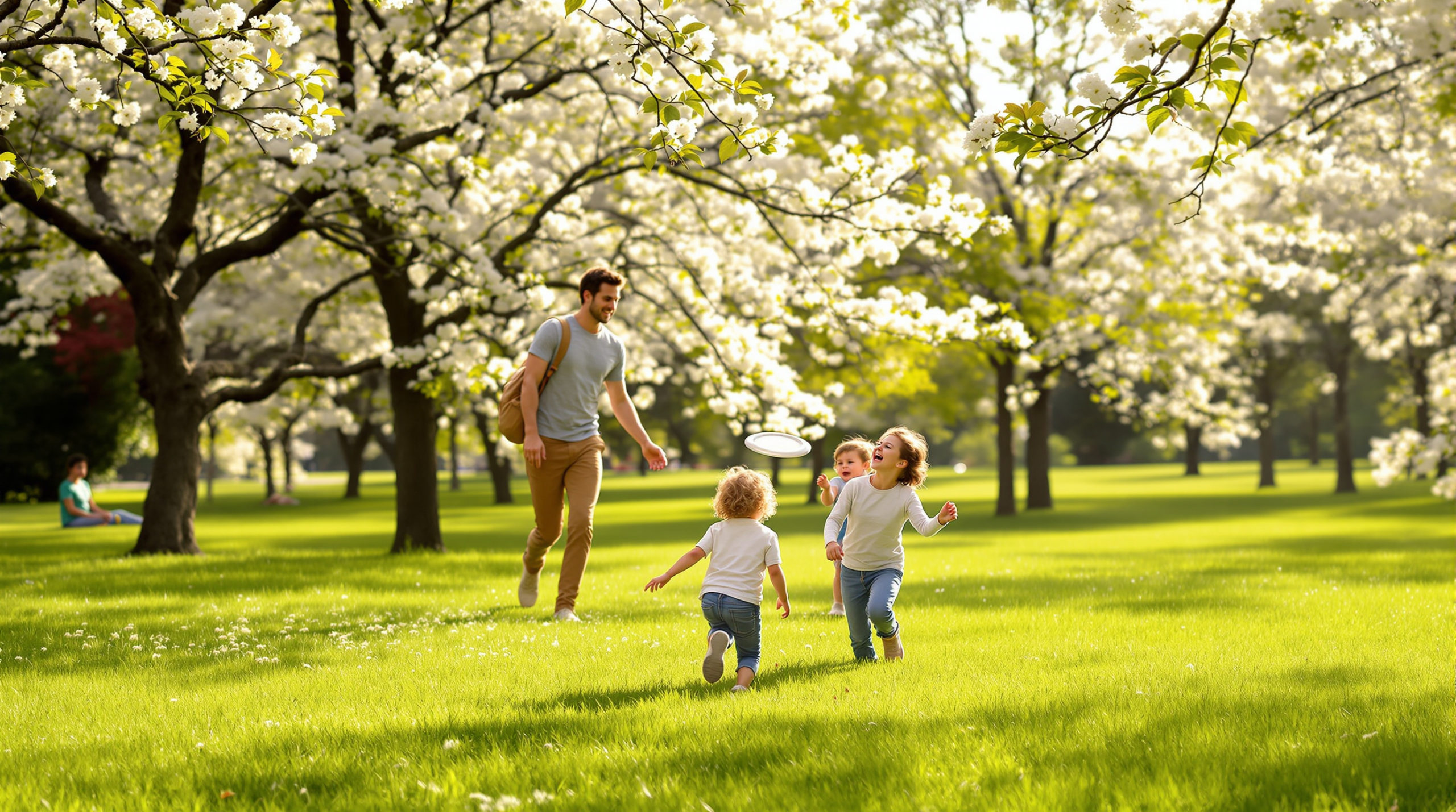 A happy family enjoys a sunny day at a park in Geneva, playing with a frisbee on lush green grass, surrounded by blooming trees and flowers. This image captures the joy of family outings in Geneva, suitable for all ages.