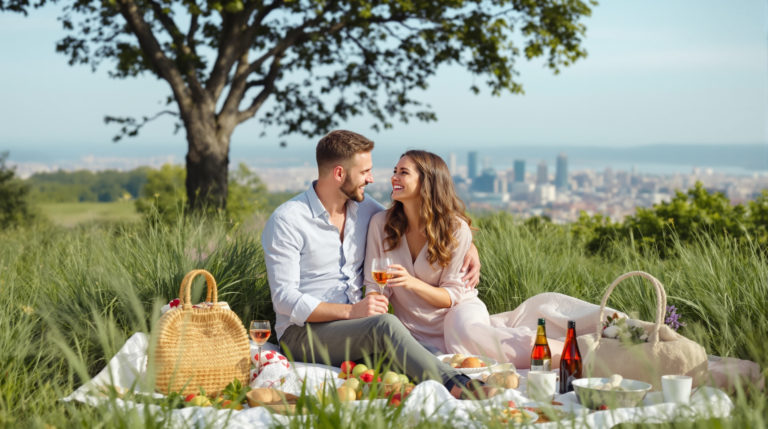 A couple enjoying a romantic picnic at a scenic viewpoint in Geneva, laughing and sharing affectionate moments, with soft green grass and light blue skies, and the city skyline in the background. Ideal for couples looking to experience Geneva.
