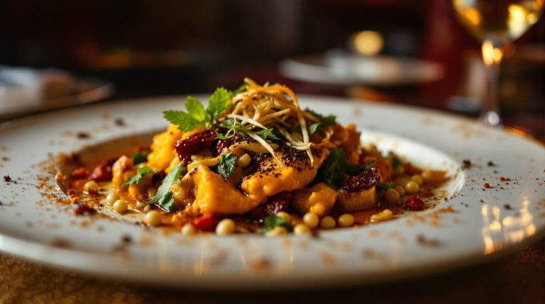 Close-up of an elegantly plated gourmet Indian dish showcasing vibrant spices and delicately arranged ingredients. The fine china is highlighted against a luxurious restaurant interior with warm burgundy and gold tones, softly lit to create a moody atmosphere. This scene invites viewers to