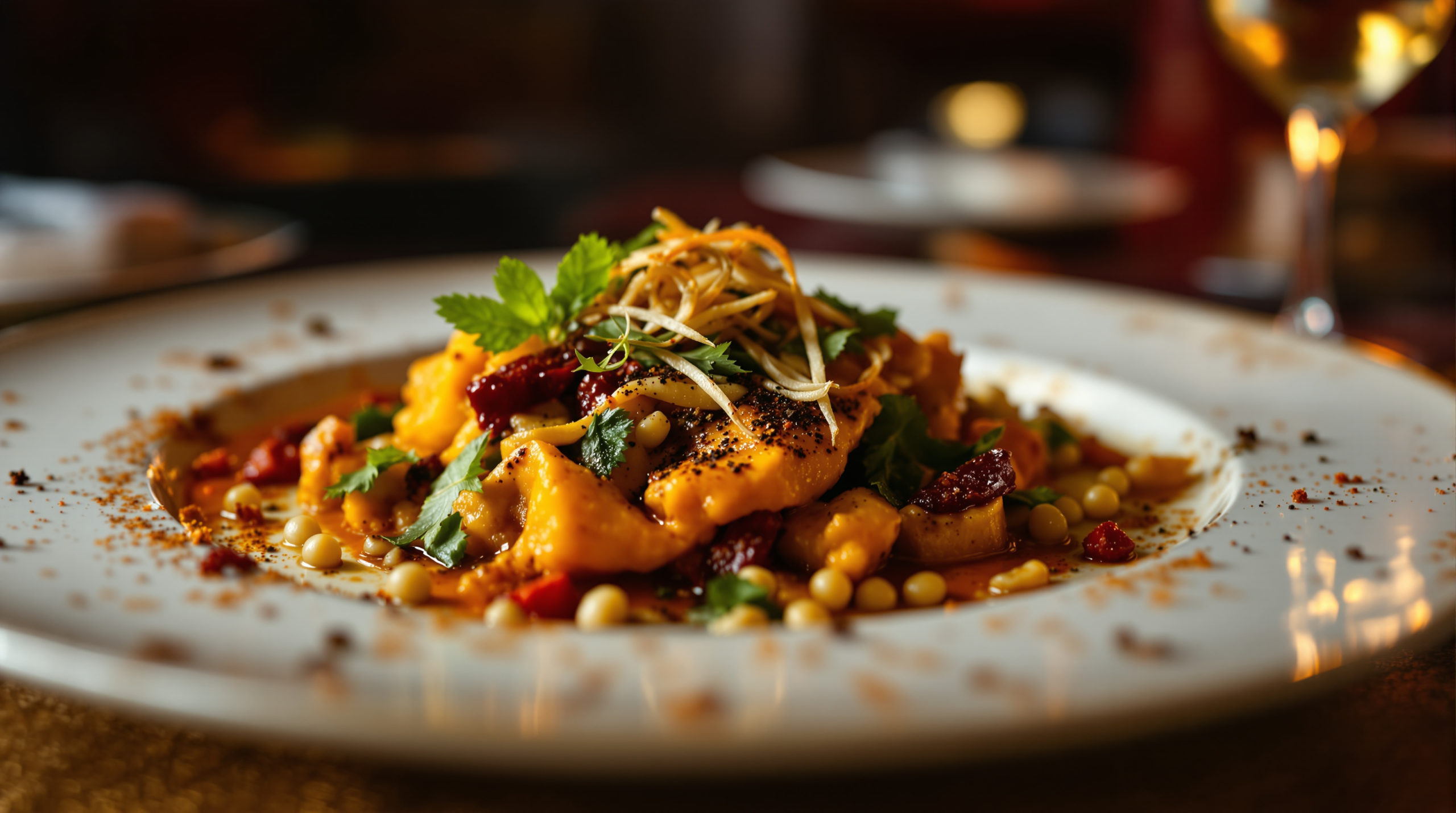Close-up of an elegantly plated gourmet Indian dish showcasing vibrant spices and delicately arranged ingredients. The fine china is highlighted against a luxurious restaurant interior with warm burgundy and gold tones, softly lit to create a moody atmosphere. This scene invites viewers to