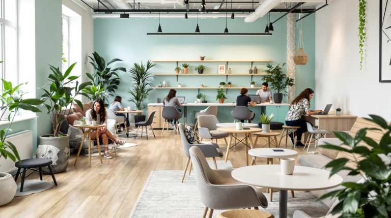 A modern coworking space in Geneva featuring a minimalistic design with mint, grey, and white accents. Young professionals work on laptops and enjoy coffee, surrounded by wood and plants, creating an elegant atmosphere. The scene captures the vibrant, eco-conscious lifestyle