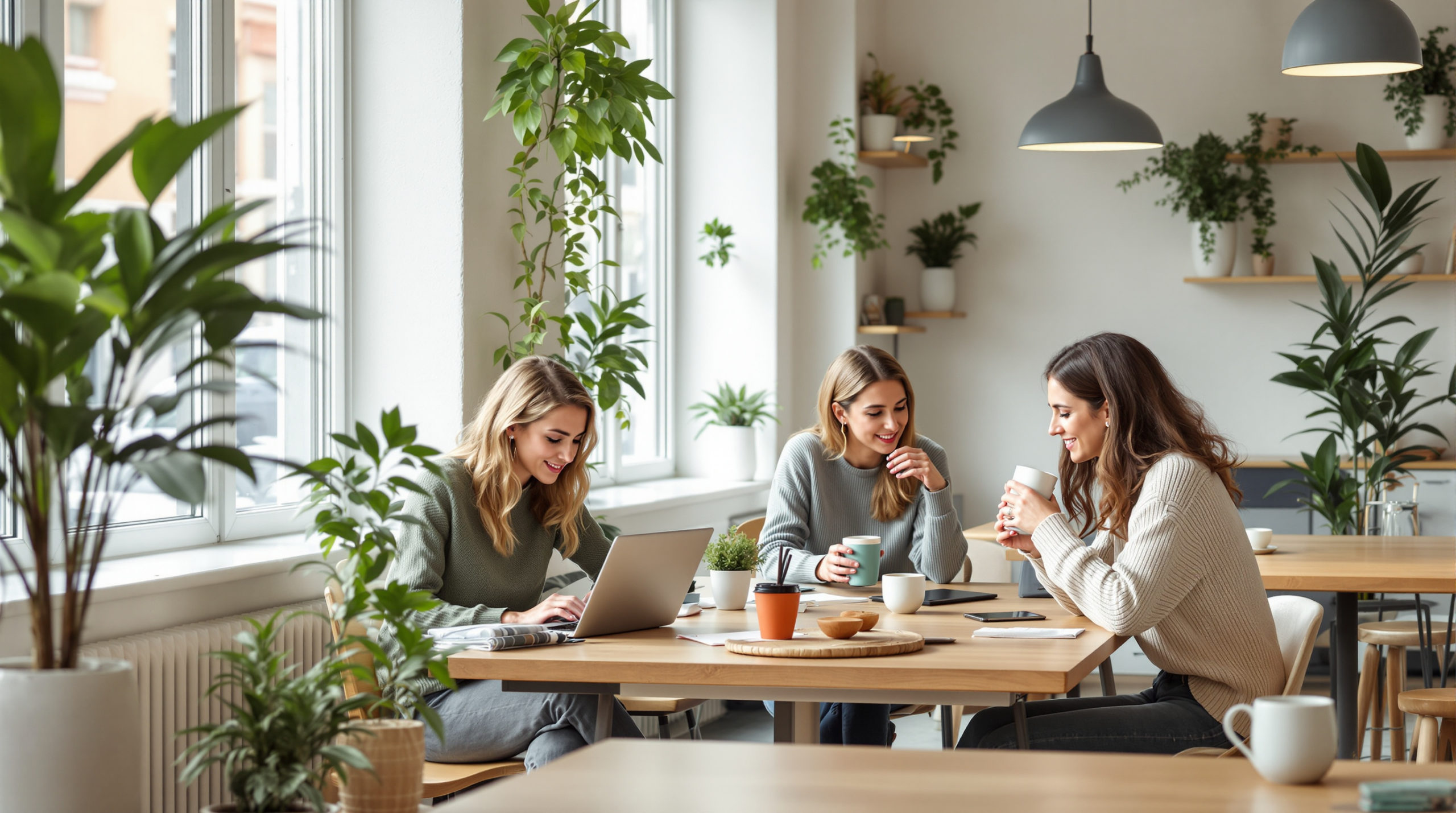 Bright coworking space in Geneva featuring natural materials and young professionals working on laptops. Sipping coffee from stylish reusable cups, the space showcases eco-friendly decor, large windows allowing ample light, and accents of mint and light grey. The inviting atmosphere is perfect