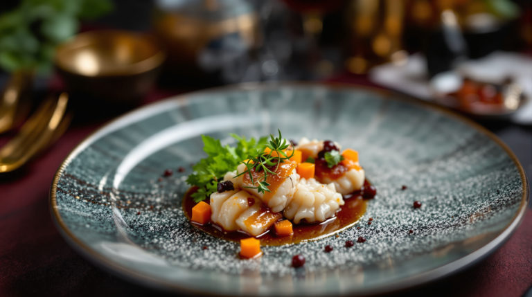 Elegant close-up of a fine-dining plate featuring exquisite Japanese cuisine, showcasing intricate presentation and vibrant colors. The dish's rich textures stand out against a moody, warm-toned background of burgundy, gold, and deep green, with subtle hints