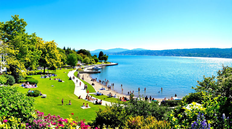 A scenic view of Lake Geneva, featuring families enjoying leisurely walks along the water's edge, children playing on the grass, and picnicking under trees, surrounded by vibrant green foliage and the shimmering blue lake, under a clear blue sky, perfect for