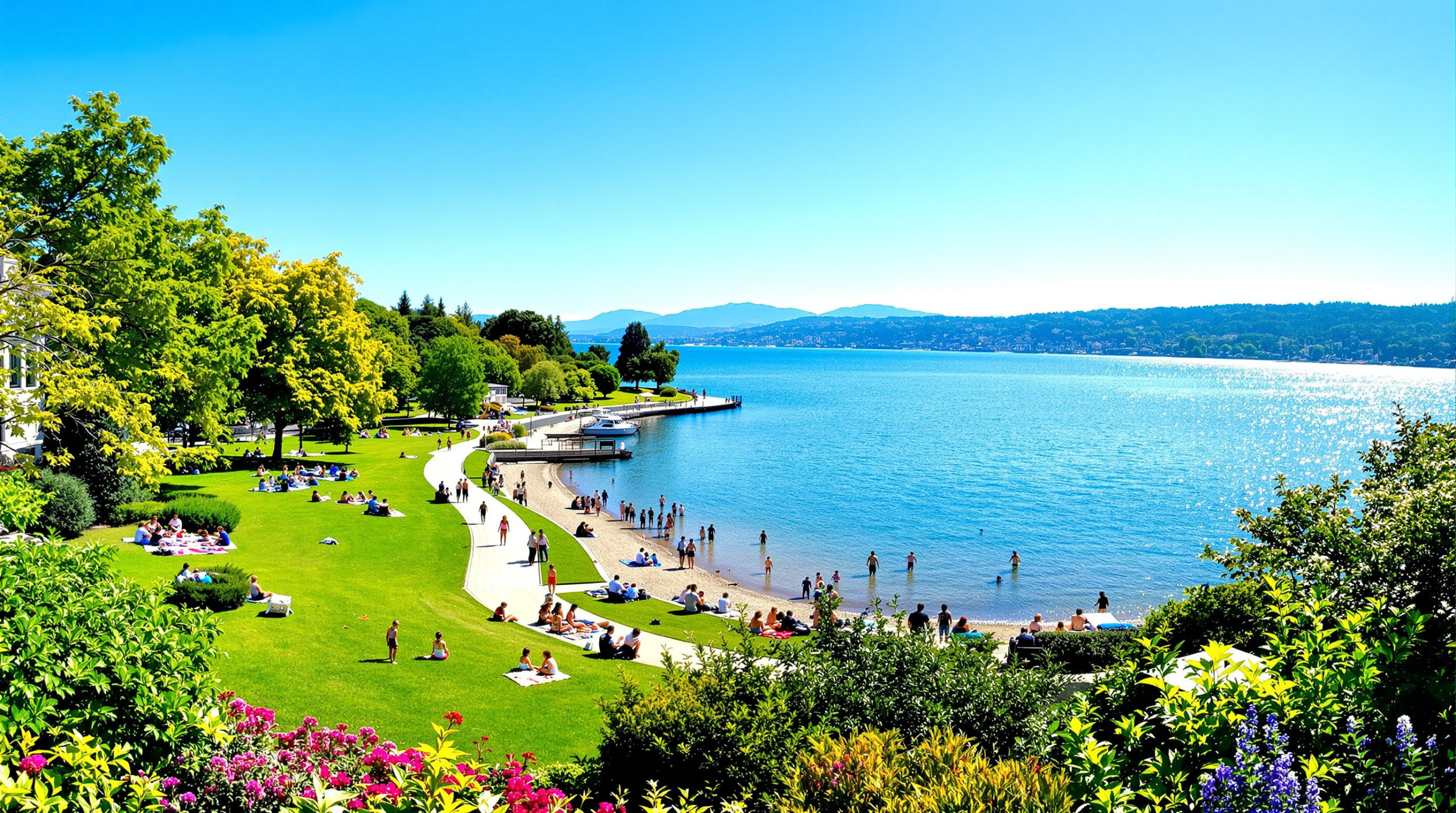 A scenic view of Lake Geneva, featuring families enjoying leisurely walks along the water's edge, children playing on the grass, and picnicking under trees, surrounded by vibrant green foliage and the shimmering blue lake, under a clear blue sky, perfect for