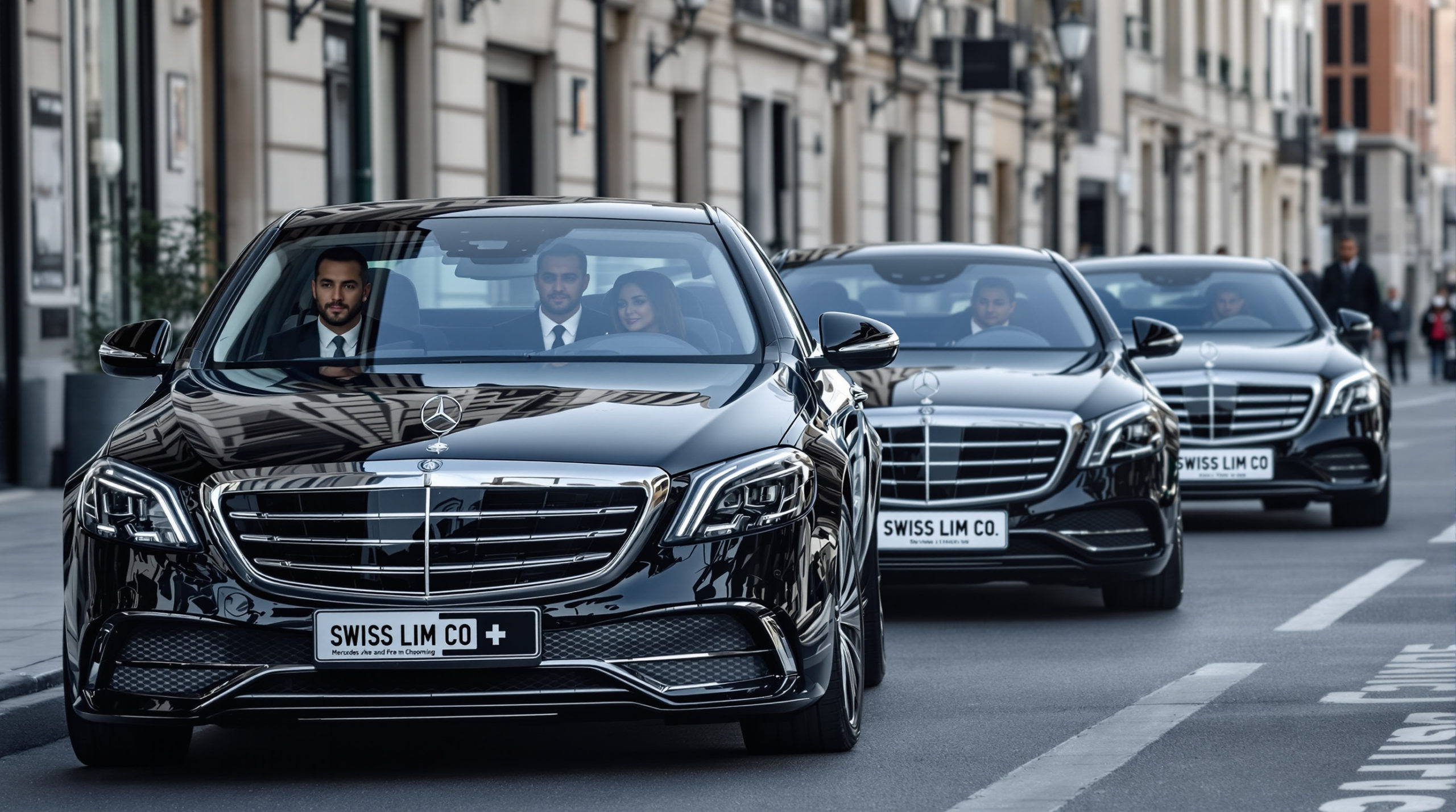 A sleek scene of drivers in tailored suits behind the wheel of new 2024 black Mercedes S-Class vehicles with 'SWISS LIM CO' white license plates. The cars cruise through an elegant urban backdrop in Geneva, showcasing professionalism and reliability in high-end