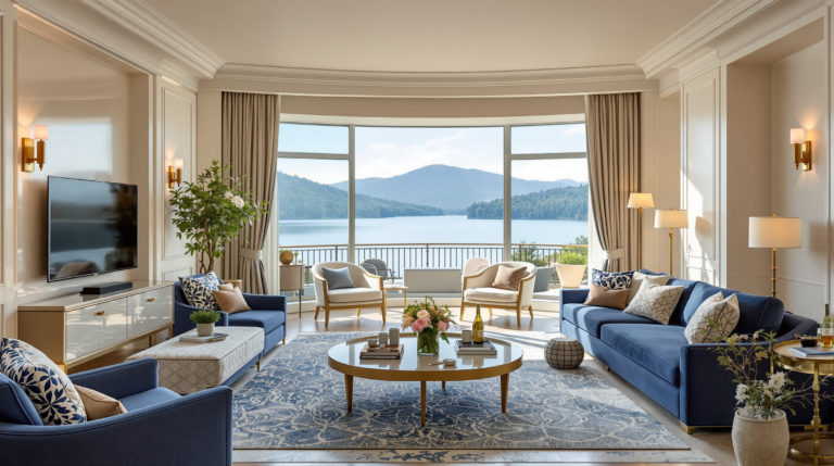 Luxurious hotel interior featuring a panoramic view of a serene lake. The elegant space has cream-colored walls, navy furnishings, and soft gold accents. Natural daylight floods the area, enhancing the feeling of openness and exclusivity, perfect for travelers seeking luxury hotels