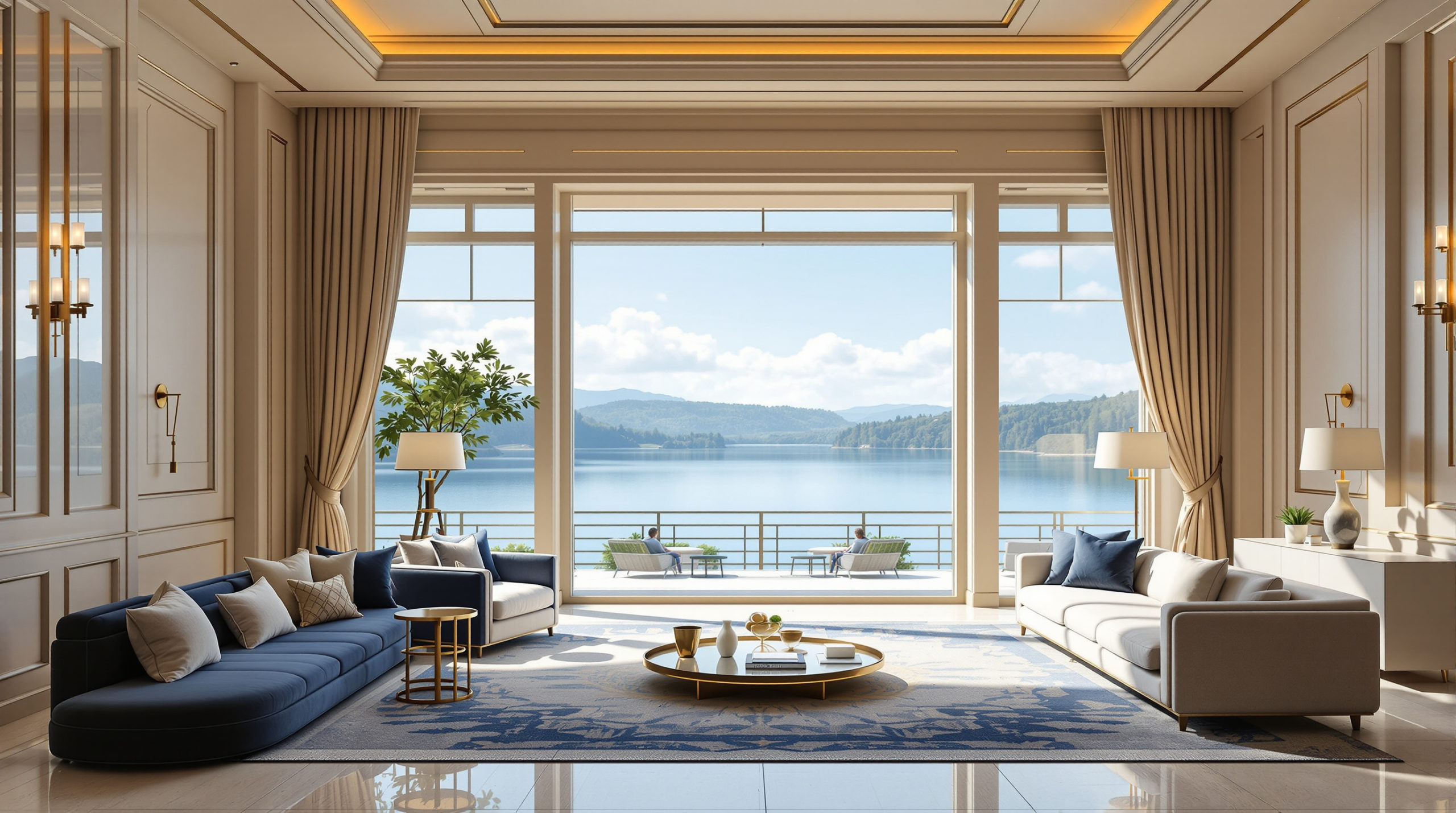 Interior of a luxury hotel overlooking a serene lake, featuring cream-colored walls, navy furnishings, and soft gold accents. The room is filled with natural light, showcasing plush seating and tasteful decor, with large windows framing a stunning view of Geneva Lake. This