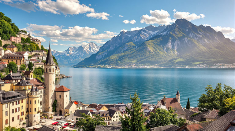 A panoramic view of Lake Geneva with the Alps in the background, featuring serene waters that reflect the sky's blues and greens. A quaint medieval village with charming stone buildings and vibrant market stalls lines the shoreline, all bathed in warm sunlight, perfect for
