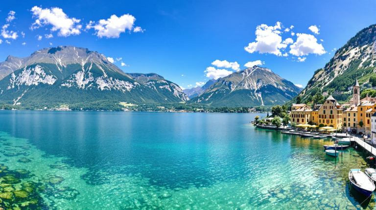 A panoramic view of a serene day trip around Geneva, showcasing a crystal-clear lake surrounded by lush green mountains and a charming medieval village with warm stone buildings. The vibrant sunny skies enhance the natural tones of blues and greens, creating a peaceful yet adventurous atmosphere