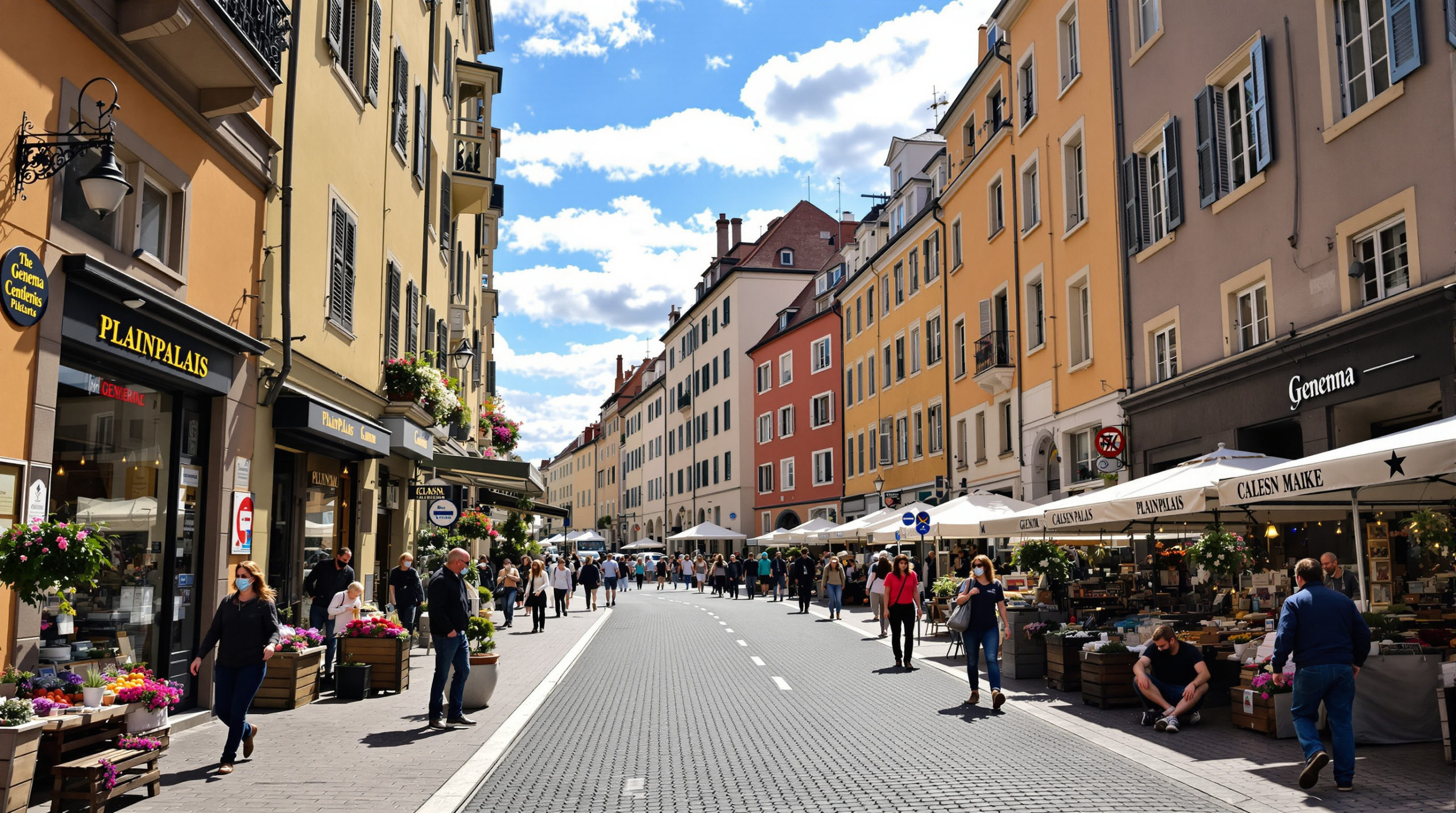 Vibrant street scene in the Plainpalais neighborhood of Geneva, featuring charming architecture with earthy tones and pastel façades. Local shops and markets are bustling with activity under natural daylight, capturing the authentic spirit of the community in everyday life. This image