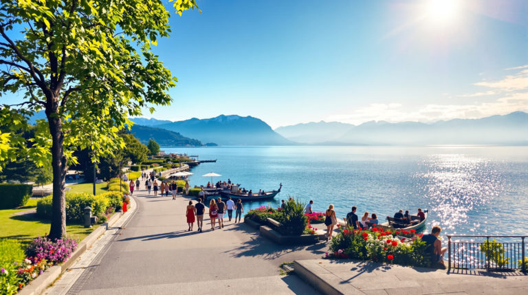 A wide-angle view of people enjoying romantic walks along Lake Geneva, surrounded by lush greenery and tranquil waters under a clear blue sky, highlighting the serene beauty of Geneva’s outdoor landscapes.