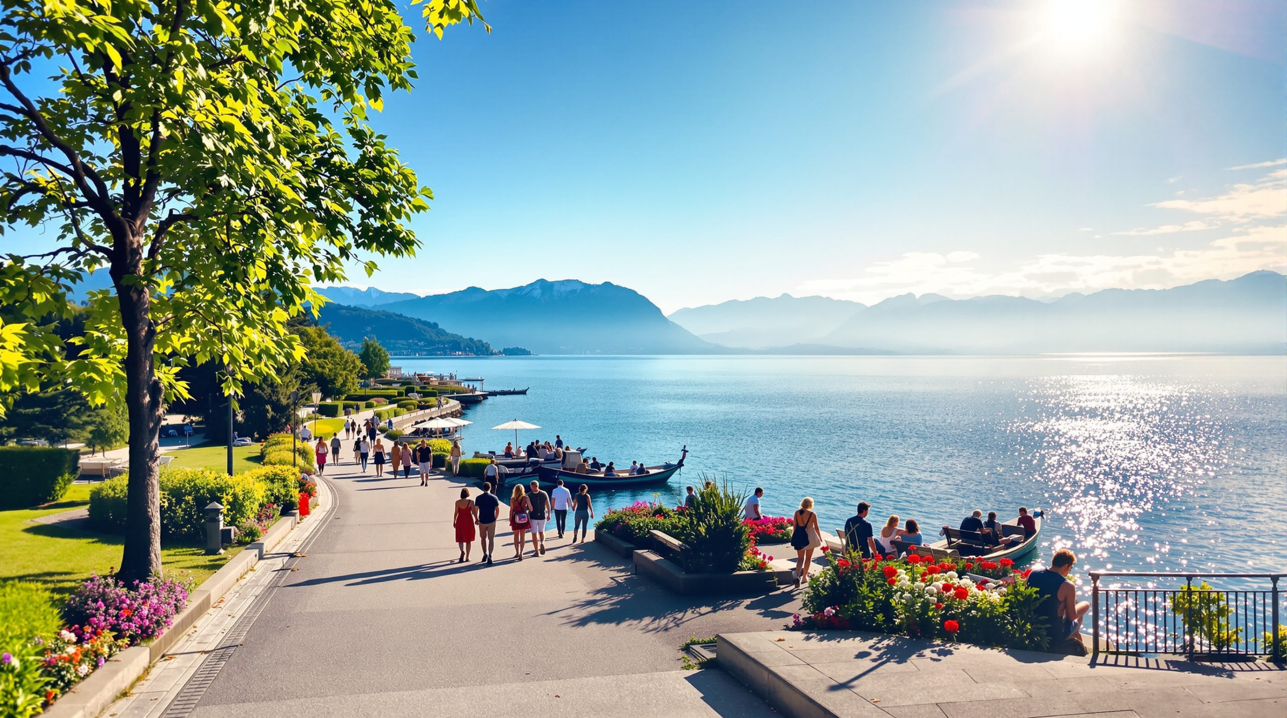 A wide-angle view of people enjoying romantic walks along Lake Geneva, surrounded by lush greenery and tranquil waters under a clear blue sky, highlighting the serene beauty of Geneva’s outdoor landscapes.
