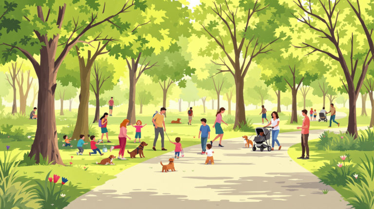 A warm park scene with diverse families enjoying the outdoors. Children play, pet owners relax with dogs, and parents push strollers along tree-lined paths, all in soft sunlight amid gentle green surroundings. Ideal for student deals in Geneva, promoting an inclusive and