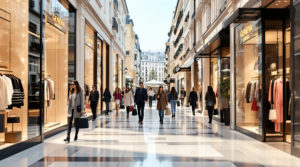 A luxurious shopping scene in Geneva featuring stylish individuals browsing elegant boutiques, surrounded by vibrant street life. The image showcases sophisticated fashion and shopping bags against a backdrop of soft pastel colors and chic beige tones, embodying the modern Swiss lifestyle with elements of Swiss designer