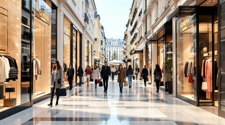 A luxurious shopping scene in Geneva featuring stylish individuals browsing elegant boutiques, surrounded by vibrant street life. The image showcases sophisticated fashion and shopping bags against a backdrop of soft pastel colors and chic beige tones, embodying the modern Swiss lifestyle with elements of Swiss designer