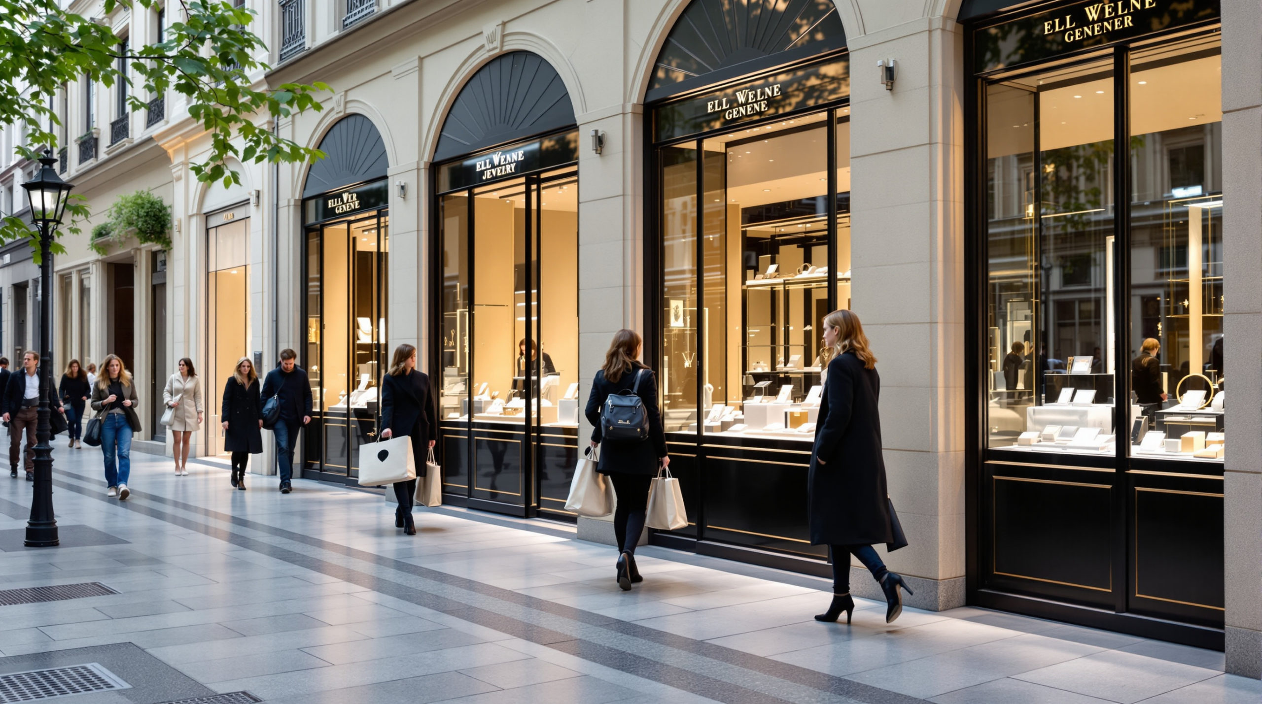 A luxury shopping scene on an upscale Geneva street, featuring stylish individuals browsing elegant boutiques with sophisticated jewelry displays. The background showcases modern architecture in soft pastel colors, with shoppers carrying chic bags, interacting with the boutiques, reflecting the vibrant local fashion lifestyle and the