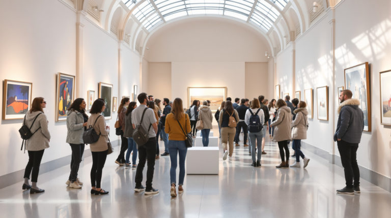 A diverse group of visitors admires contemporary art exhibitions in the Museum of Art and History in Geneva. The elegant architecture is illuminated by soft natural light from large windows, creating a calm and inspirational atmosphere. Attendees engage in thoughtful discussions while appreciating the art