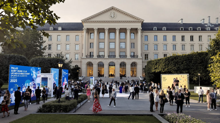 A tranquil garden scene outside the Palais des Nations in Geneva, featuring a stylishly dressed crowd mingling. Banners and installations showcase the upcoming sports events in Geneva, set against a backdrop of the iconic building, all depicted in muted tones that create a