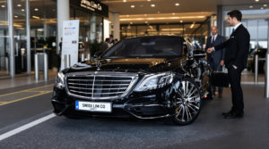 A black 2024 Mercedes S-Class is parked at the Geneva airport terminal with a chauffeur waiting beside it. The white license plate reads 'SWISS LIM CO'. The scene conveys luxury and anticipation as clients prepare for their journey to Annecy, perfect