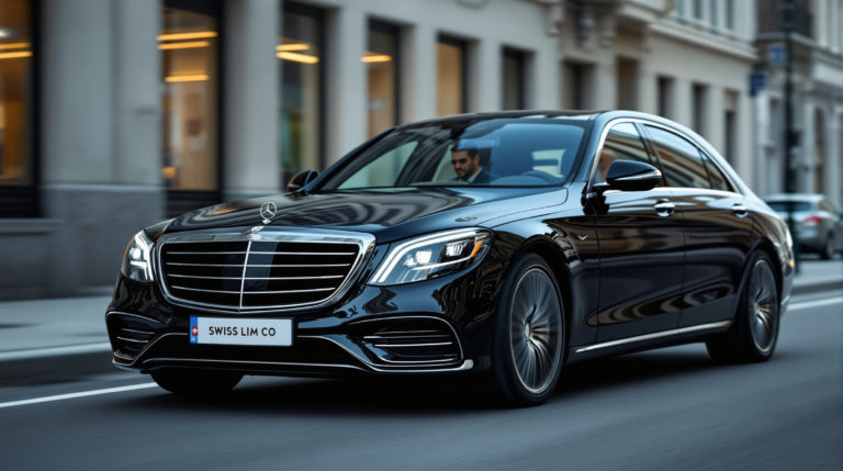 A professional chauffeur in an elegant suit drives a sleek black 2024 Mercedes S-Class with the 'SWISS LIM CO' logo on the white license plate. The vehicle navigates through a quiet urban setting in Geneva, exuding executive professionalism and luxury