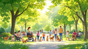 Families and pet owners enjoy a sunny day in an inviting park, with children playing, strollers, and happy dogs, all surrounded by lush green trees and soft sunlight, creating a warm atmosphere. This scene reflects budget culture in Geneva, emphasizing accessibility and