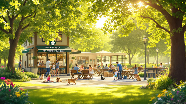 A family enjoys a picnic in a sunny park, with children playing and a happy dog nearby. In the background, a pet-friendly café with outdoor seating is filled with smiling patrons and their pets, surrounded by lush trees. The scene reflects a relaxed atmosphere