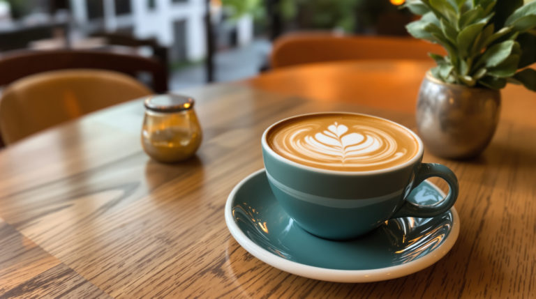 A cozy café terrace in Geneva features natural wood furnishings and warm golden lighting. Upscale travelers and locals enjoy beautifully presented specialty coffee with intricate latte art in an urban chic space that invites relaxation, embodying a refined yet casual vibe, perfect for savoring