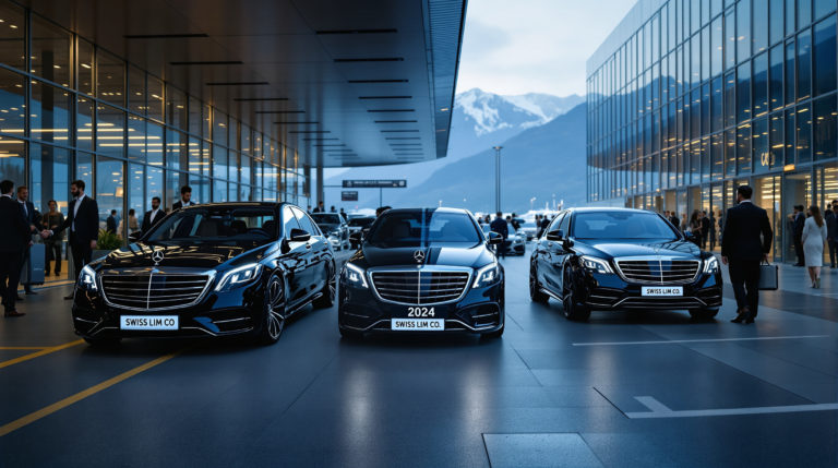 A high-end scene at Geneva airport featuring sleek black Mercedes S-Class vehicles with 'SWISS LIM CO' license plates. Elegantly dressed chauffeurs greet premium clients, creating an atmosphere of luxury and anticipation. The sophisticated tones of midnight blue and polished black