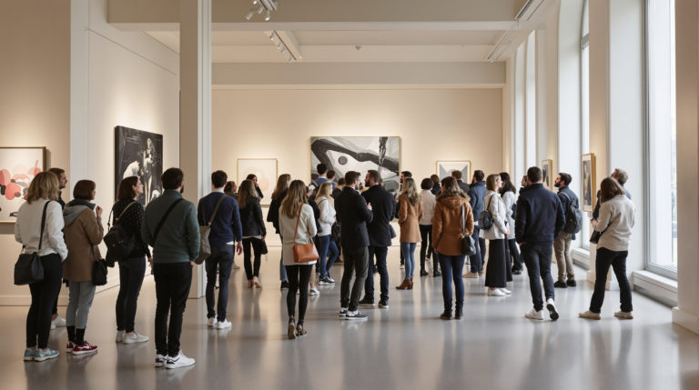 A serene indoor scene at the Musée d'Art et d'Histoire in Geneva, featuring a diverse group of visitors in stylish casual outfits admiring a contemporary art exhibition. The elegant architecture with neutral tones is enhanced by natural light filtering through large windows,