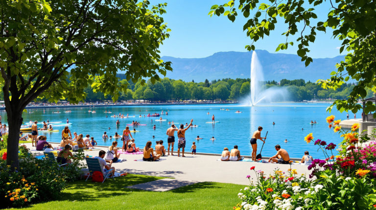 A vibrant summer scene in Geneva showcasing people engaged in various lake activities, such as paddle boarding and picnicking by the lakeshore. The iconic Jet d'Eau fountain is visible in the background, surrounded by lush greenery and blooming flowers under a bright
