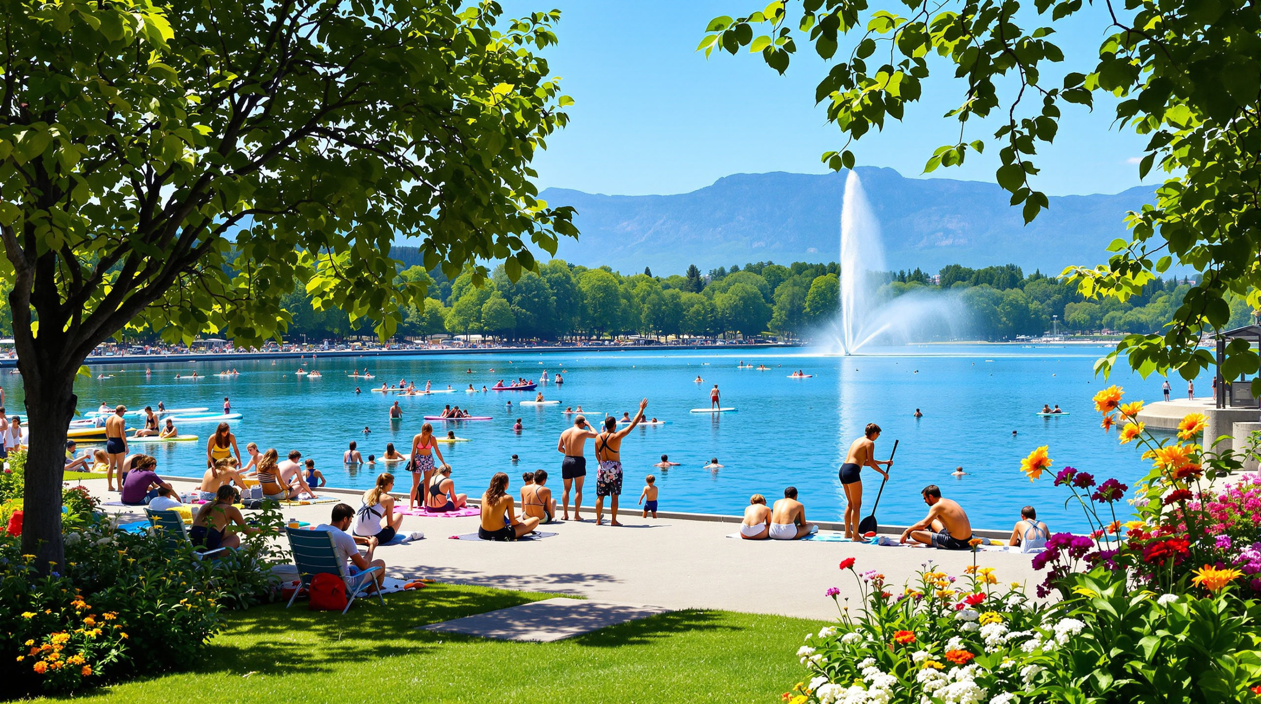 A vibrant summer scene in Geneva showcasing people engaged in various lake activities, such as paddle boarding and picnicking by the lakeshore. The iconic Jet d'Eau fountain is visible in the background, surrounded by lush greenery and blooming flowers under a bright