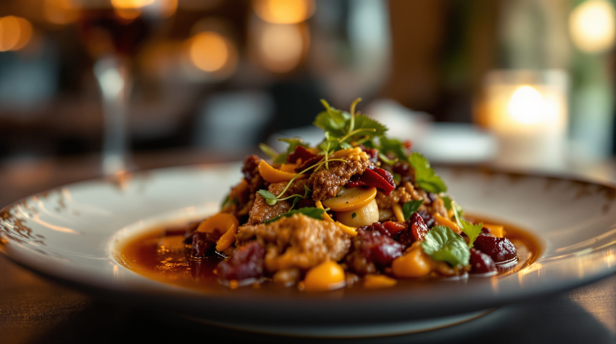 Elegant close-up of a halal gourmet dish, artfully plated with rich textures and vibrant colors in a fine dining restaurant. The warm tones of burgundy, gold, and deep green create a sophisticated atmosphere, highlighting exquisite presentation within a luxurious setting. Ideal