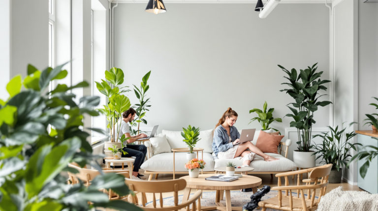 Bright coworking space in Geneva featuring young professionals working on laptops surrounded by wooden furnishings and lush green plants. The light grey walls and mint accents create a vibrant yet elegant atmosphere, highlighting this hidden gem among the city's hidden spots Geneva.