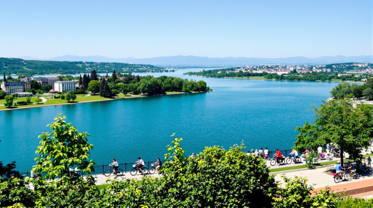 A scenic view of Lake Geneva, showcasing lush parks and people of various ages biking leisurely along the lakeside path, with serene blue waters and a clear sky, highlighting the beauty of outdoor leisure on Lake Geneva bike routes.
