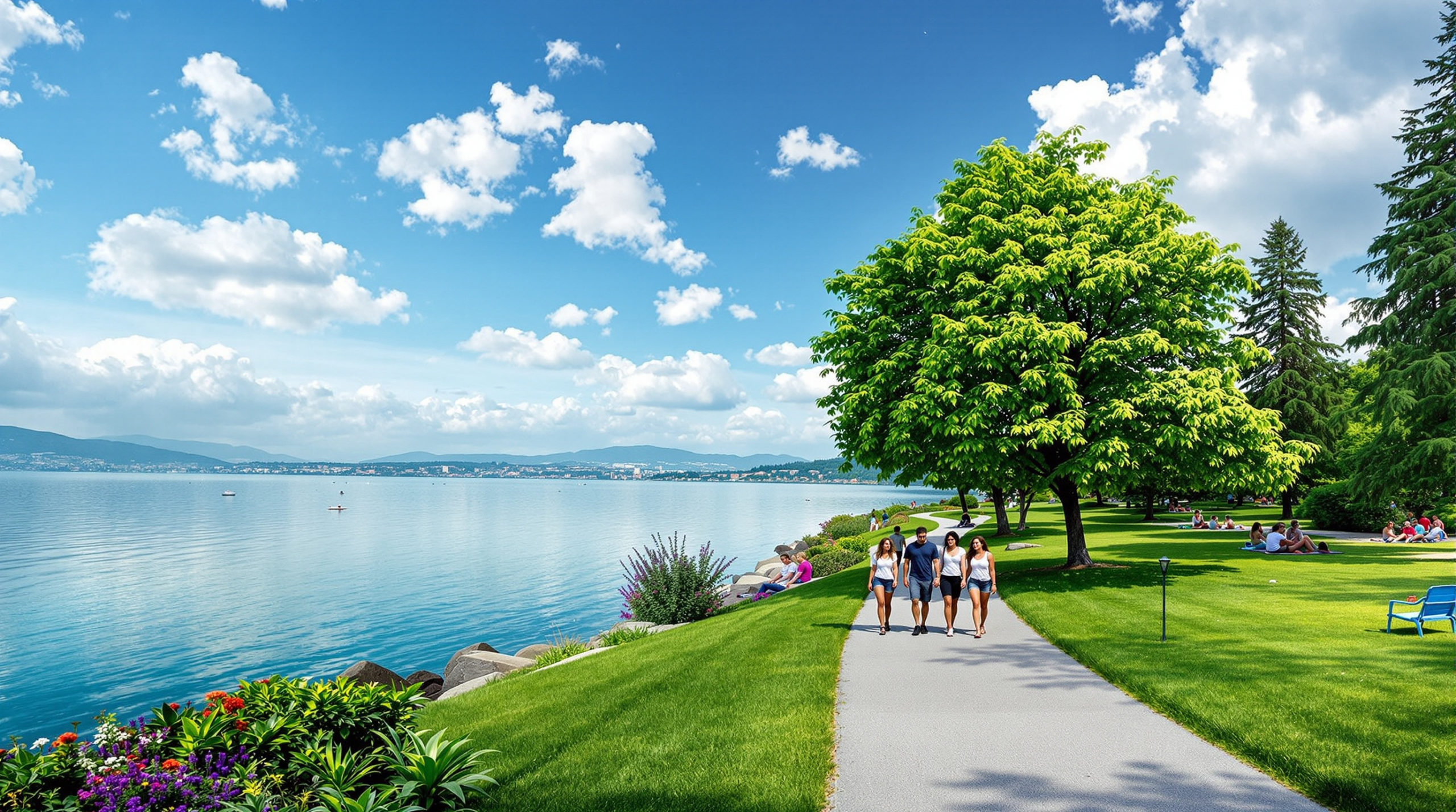 Wide-angle view of Lake Geneva featuring a vibrant green park where families and friends enjoy a leisurely afternoon stroll along the lake's walking routes. The calm waters reflect the surrounding landscape, embodying the tranquility of outdoor leisure in this picturesque region.