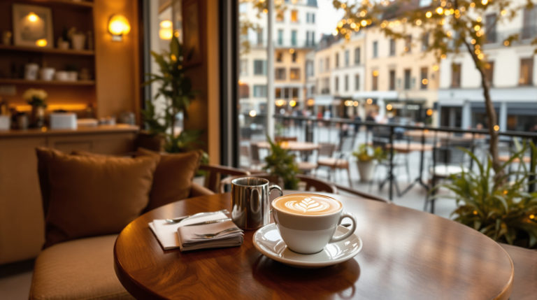 A stylish café in Geneva with cozy natural wood interiors and warm golden lighting. The terrace overlooks a vibrant street and features beautifully presented specialty coffee with intricate latte art. The urban chic atmosphere caters to high-end travelers and locals, highlighting a laptop-friendly café environment