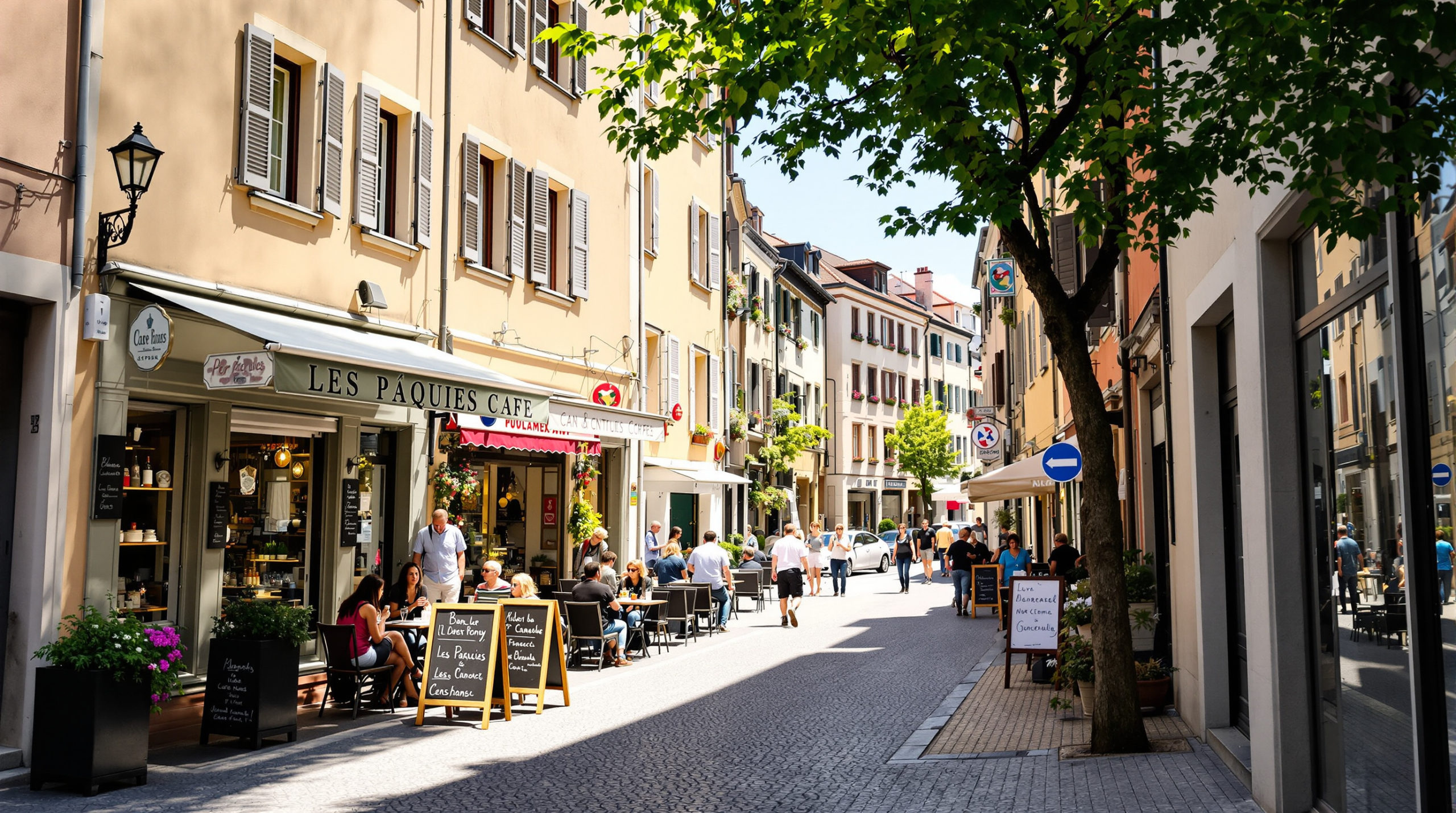 A bustling street scene in Les Pâquis, Geneva, showcasing local shops and cafés with pastel-colored façades. Locals engage in daily activities under natural light, highlighting the earthy architecture and the vibrant spirit of les Pâquis local life.