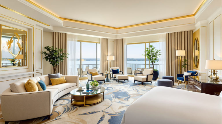 Elegant hotel interior featuring a spacious panoramic room with lakefront views, designed with a color palette of cream, navy, and soft gold accents. Natural daylight illuminates luxurious furnishings, creating a sophisticated ambiance ideal for travelers. This setting exemplifies the comfort and