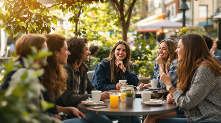 A warm-toned photograph of a diverse group of students laughing and smiling in a cozy café in Geneva, surrounded by greenery, showcasing community and friendship. This scene reflects the vibrant atmosphere of student housing in Geneva.