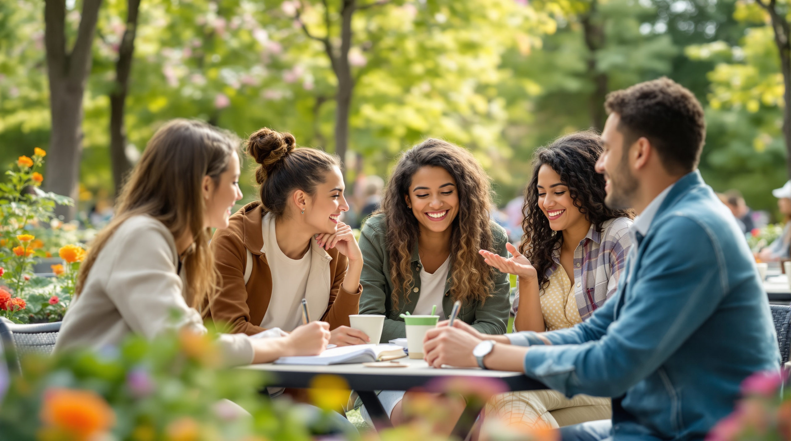 A group of diverse students enjoying a study session at an outdoor café in a vibrant park in Geneva, surrounded by green trees and colorful flowers, capturing their joyful interactions in a warm and inviting atmosphere. Perfect example of student outings Geneva.