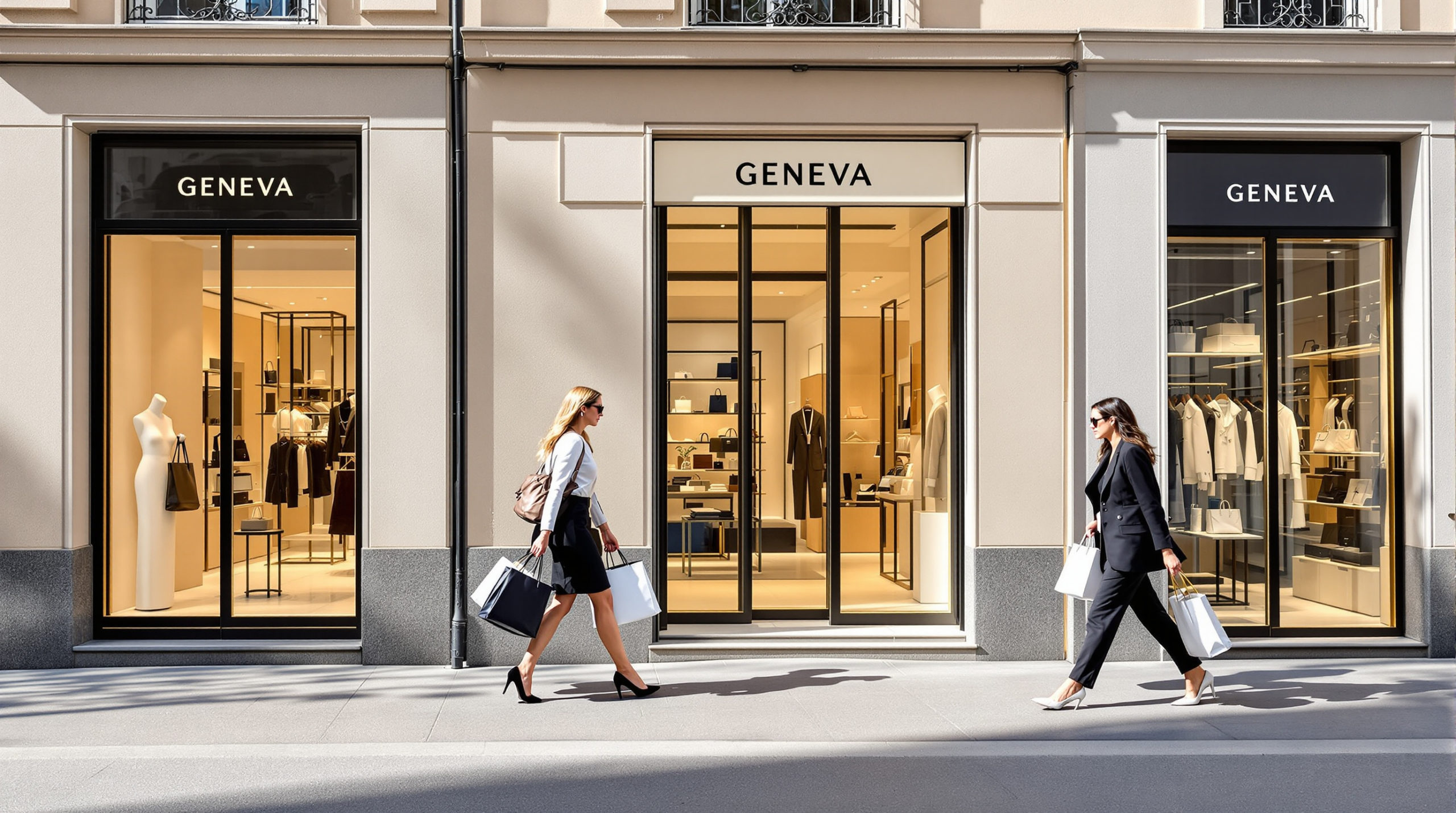 Chic luxury shopping scene in Geneva, featuring stylish individuals browsing upscale boutiques with elegant shopping bags. The modern boutique façades in soft pastels and stylish beige contrast with black and white elements, creating a sophisticated atmosphere. This image highlights the fashionable lifestyle and