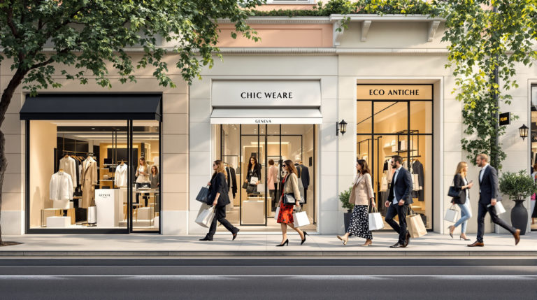 A stylish Geneva street scene featuring elegantly dressed individuals browsing upscale boutiques, carrying shopping bags. The modern backdrop includes chic boutique façades in pastel and beige tones, with contrasting black and white elements. The atmosphere reflects eco-chic fashion and Swiss design in