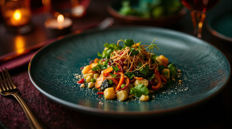 Close-up of an elegantly plated vegan dish in a fine dining setting, featuring colorful vegetables and intricate garnishes on a luxurious ceramic plate. The soft ambient lighting enhances the rich burgundy and deep green tones of the restaurant's decor, creating a sophisticated atmosphere
