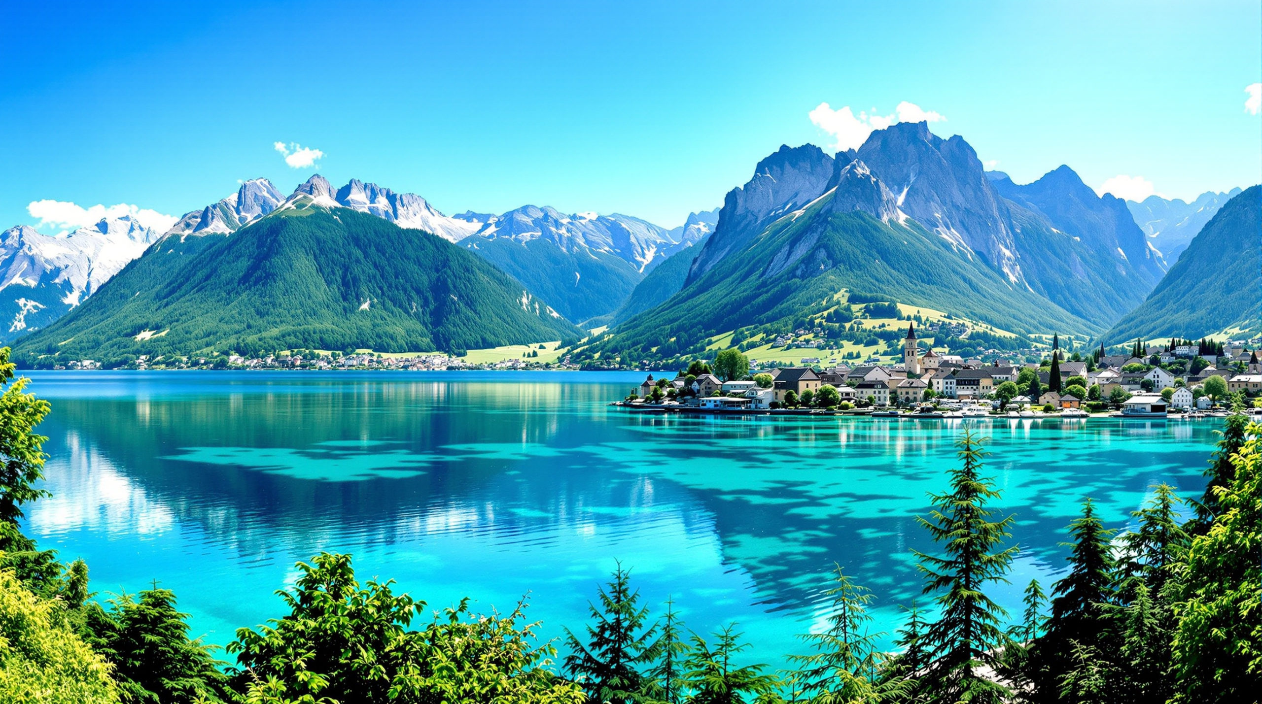 Panoramic view of Lake Geneva with vibrant turquoise waters reflecting lush green mountains and medieval villages under a clear blue sky. The scene captures a peaceful yet adventurous atmosphere, ideal for travel postcards. Perfect for walks Annecy Yvoire by type.