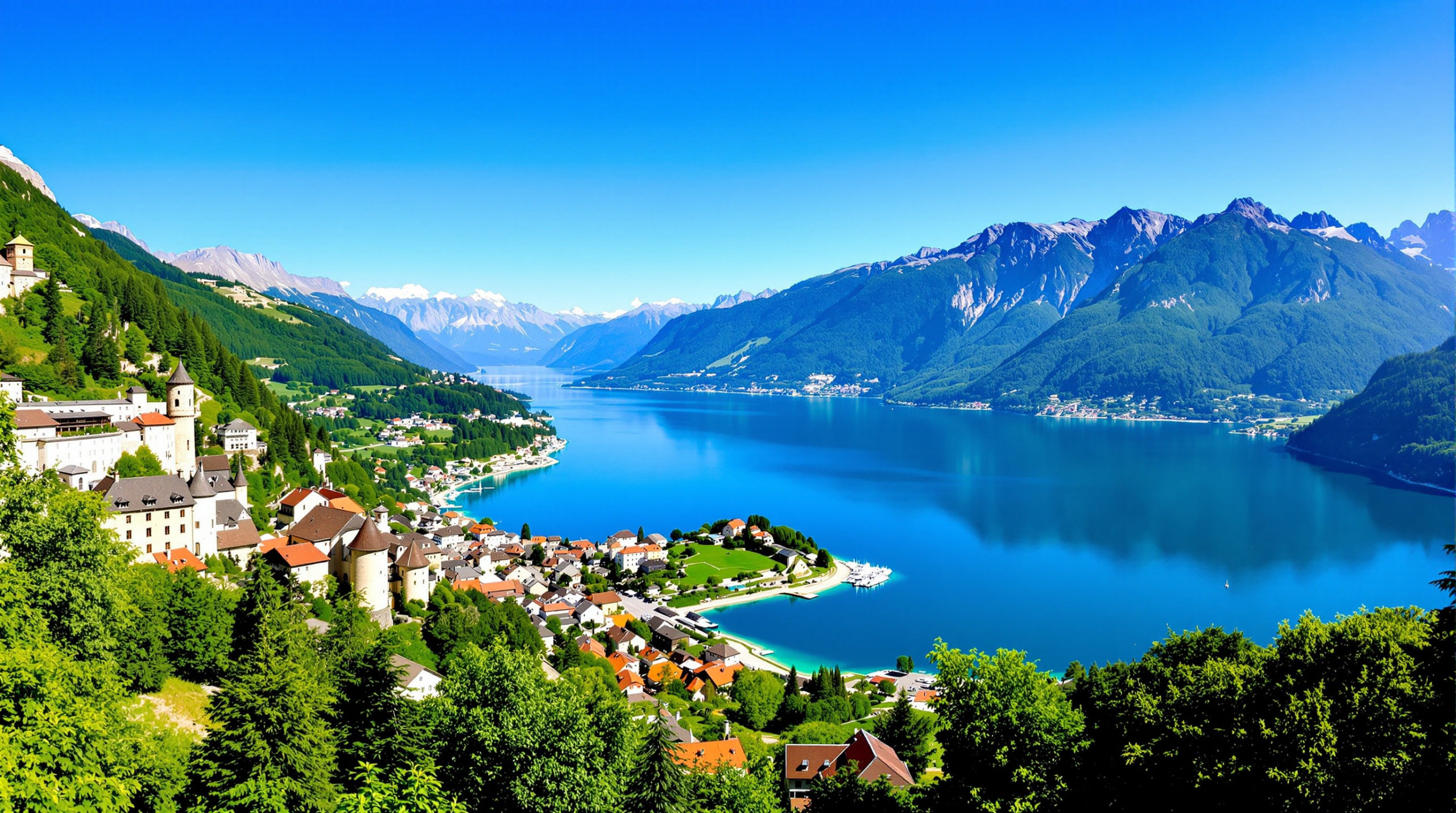 Panoramic view of Lake Geneva with majestic mountains in the background and a charming medieval village along the shoreline. The scene showcases vibrant blue waters, lush green forests, and warm stone buildings, all under clear blue skies, conveying a peaceful yet adventurous atmosphere