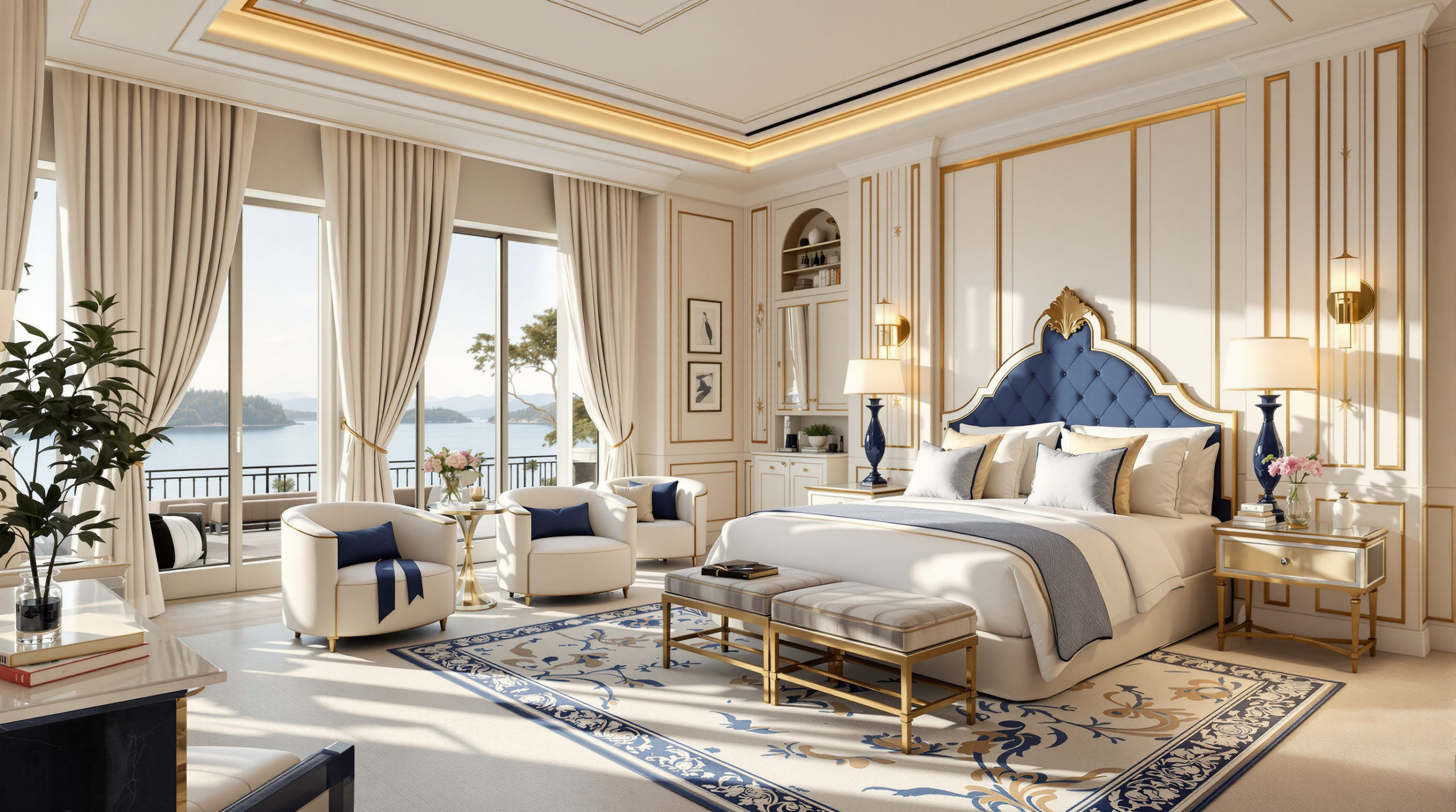 Luxurious lakefront hotel interior featuring a panoramic room with elegant cream and navy decor accented with soft gold. The space is filled with natural daylight, emphasizing spaciousness and comfort, ideal for travelers using premium chauffeur services. This setting is perfect for those searching